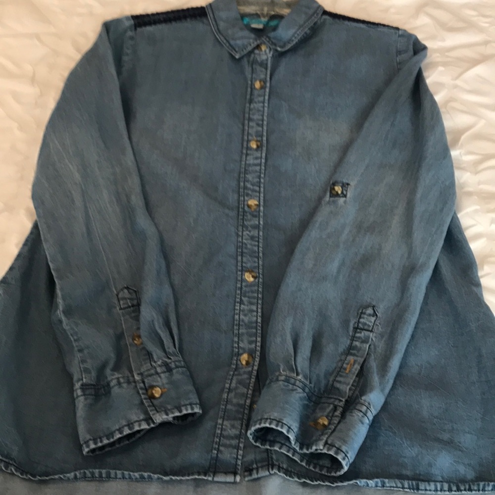 Denim button down shirt with embroidered details